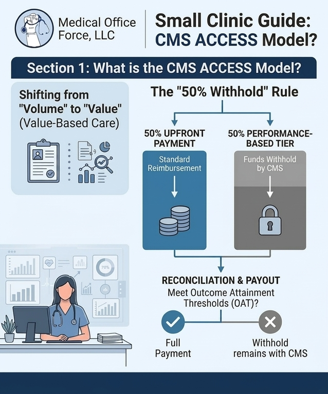Infographic explaining the CMS ACCESS Model 50% withhold rule, showing the split between upfront payments and performance-based tiers for small clinics.