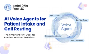 Modern medical office front desk featuring a digital AI voice agent interface assisting with patient intake and automated call routing.