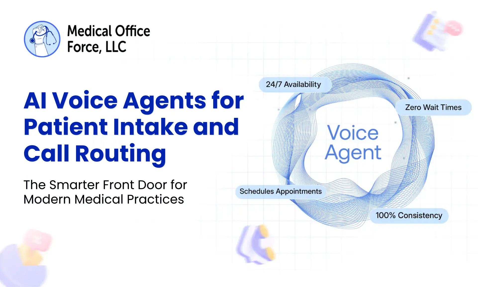 Modern medical office front desk featuring a digital AI voice agent interface assisting with patient intake and automated call routing.