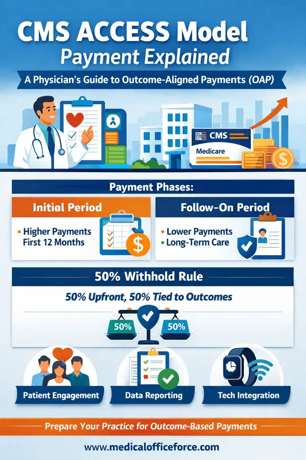 CMS ACCESS Model payment infographic showing Outcome-Aligned Payments OAP structure, 50 percent withhold rule, and value-based care workflow.