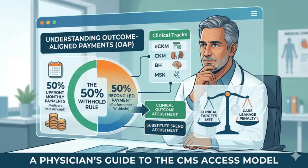 CMS ACCESS Model payment infographic showing Outcome-Aligned Payments OAP, 50 percent withhold rule, clinical tracks CKM eCKM BH MSK, and performance-based reimbursement