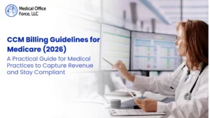 Medical professional using a tablet to review 2026 Medicare Chronic Care Management (CCM) billing guidelines and CPT codes (99490, 99491) for compliance.