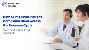 Two medical professionals using headsets and a tablet, demonstrating AI-powered patient communication for revenue cycle optimization.