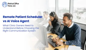 An infographic by Medical Office Force comparing human Remote Patient Schedulers with AI Voice Agents, featuring a photo of a smiling call center team and comparison bullet points.
