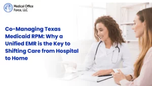 A female clinician in a white lab coat smiling while showing remote patient monitoring data on a laptop screen to a patient, featuring the Medical Office Force logo and article title.