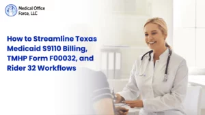 Texas Medicaid telemonitoring EMR dashboard showing S9110 billing logic and TMHP Form F00032 compliance tracking.