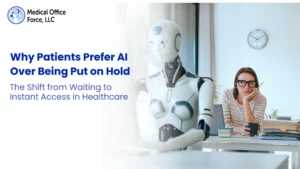 A medical office worker sitting at a desk looking bored or waiting, contrasted with a sleek white humanoid robot representing AI instant access in healthcare.