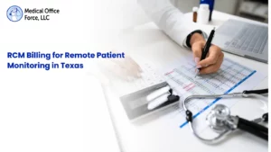 A medical billing professional analyzing financial spreadsheets and using a calculator, representing RCM billing for remote patient monitoring in Texas.