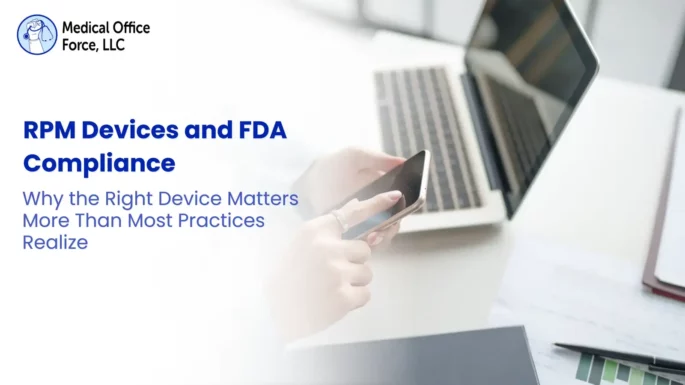 A medical workspace featuring a laptop, compliance records, a smartphone tracking health data, and FDA-compliant RPM devices including a blood pressure cuff, weight scale, and pulse oximeter.