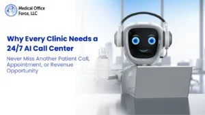 Friendly AI robot wearing a headset at a desk with a laptop, illustrating 24/7 AI call center solutions for medical clinics by Medical Office Force.