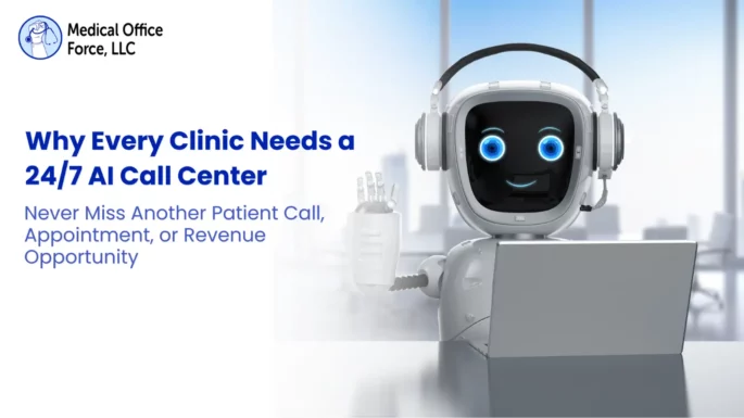Friendly AI robot wearing a headset at a desk with a laptop, illustrating 24/7 AI call center solutions for medical clinics by Medical Office Force.