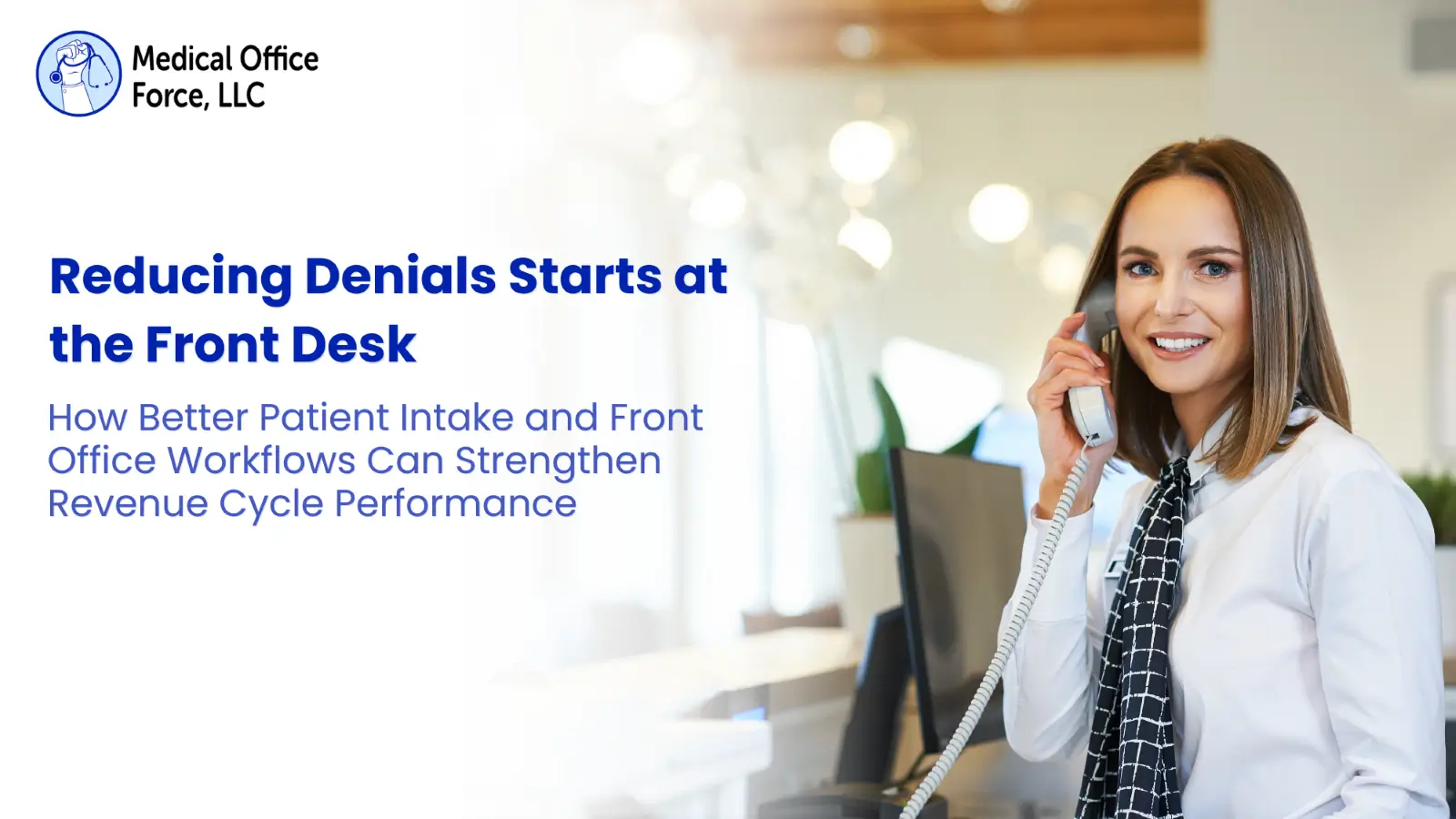 Medical front desk receptionist entering patient intake details into computer software for revenue cycle optimization.