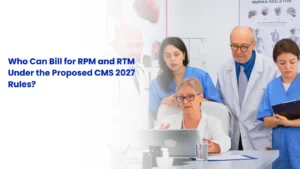 Healthcare practice manager and physician reviewing clinical staff workflows for CMS 2027 RPM and RTM billing compliance on a laptop.