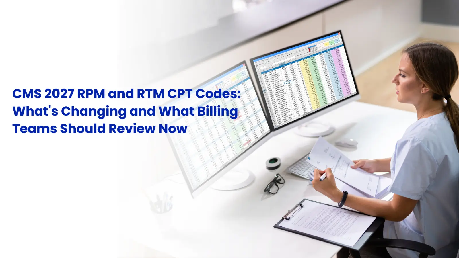 Medical billing specialist reviewing CMS 2027 RPM and RTM CPT code revisions on a computer screen.