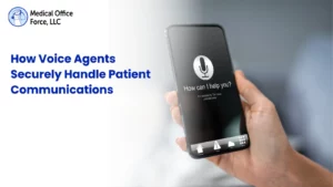 Healthcare professional at a medical office desk with a secure digital shield and audio wave icon representing secure AI voice patient communication.