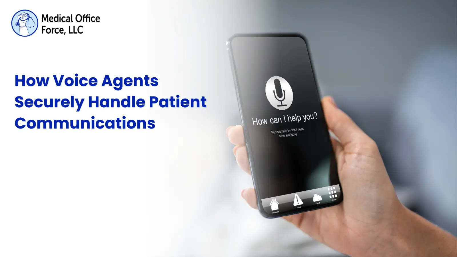 Healthcare professional at a medical office desk with a secure digital shield and audio wave icon representing secure AI voice patient communication.