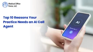 Healthcare front office receptionist working at a desk with digital AI voice call assistant visual elements.