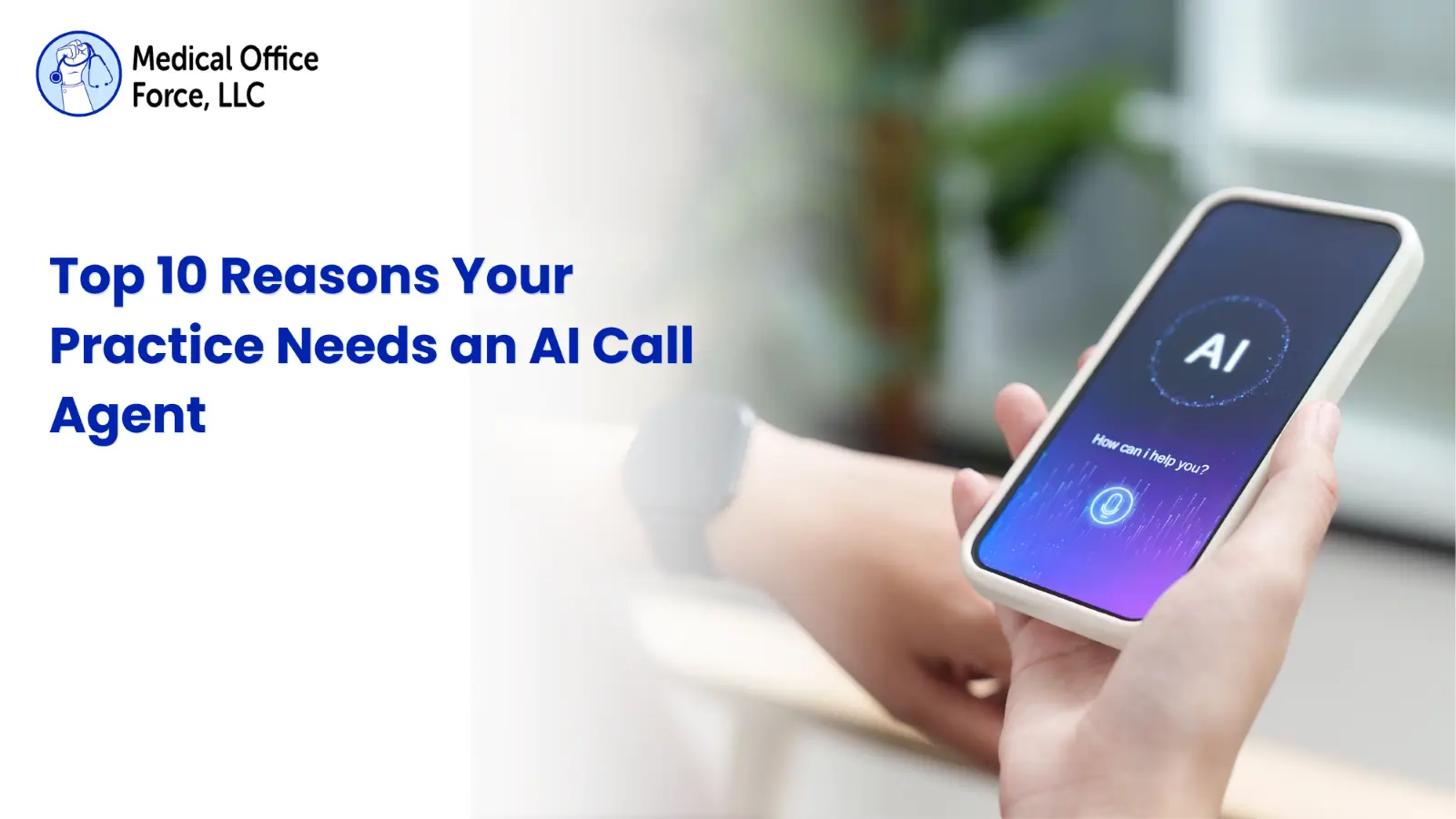 Healthcare front office receptionist working at a desk with digital AI voice call assistant visual elements.