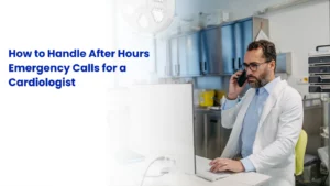 Healthcare call center representative wearing a headset while handling an after-hours cardiology emergency call.