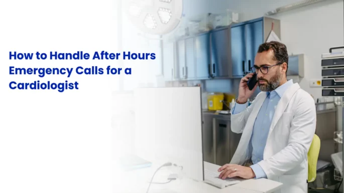 Healthcare call center representative wearing a headset while handling an after-hours cardiology emergency call.