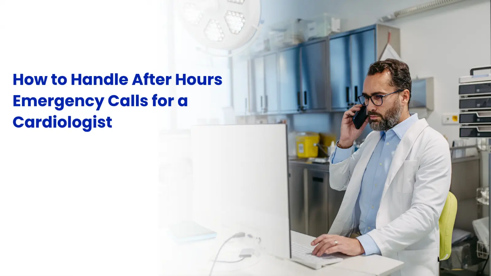 Healthcare call center representative wearing a headset while handling an after-hours cardiology emergency call.