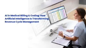 Medical coding specialist reviewing AI-assisted claim suggestions on a computer screen.