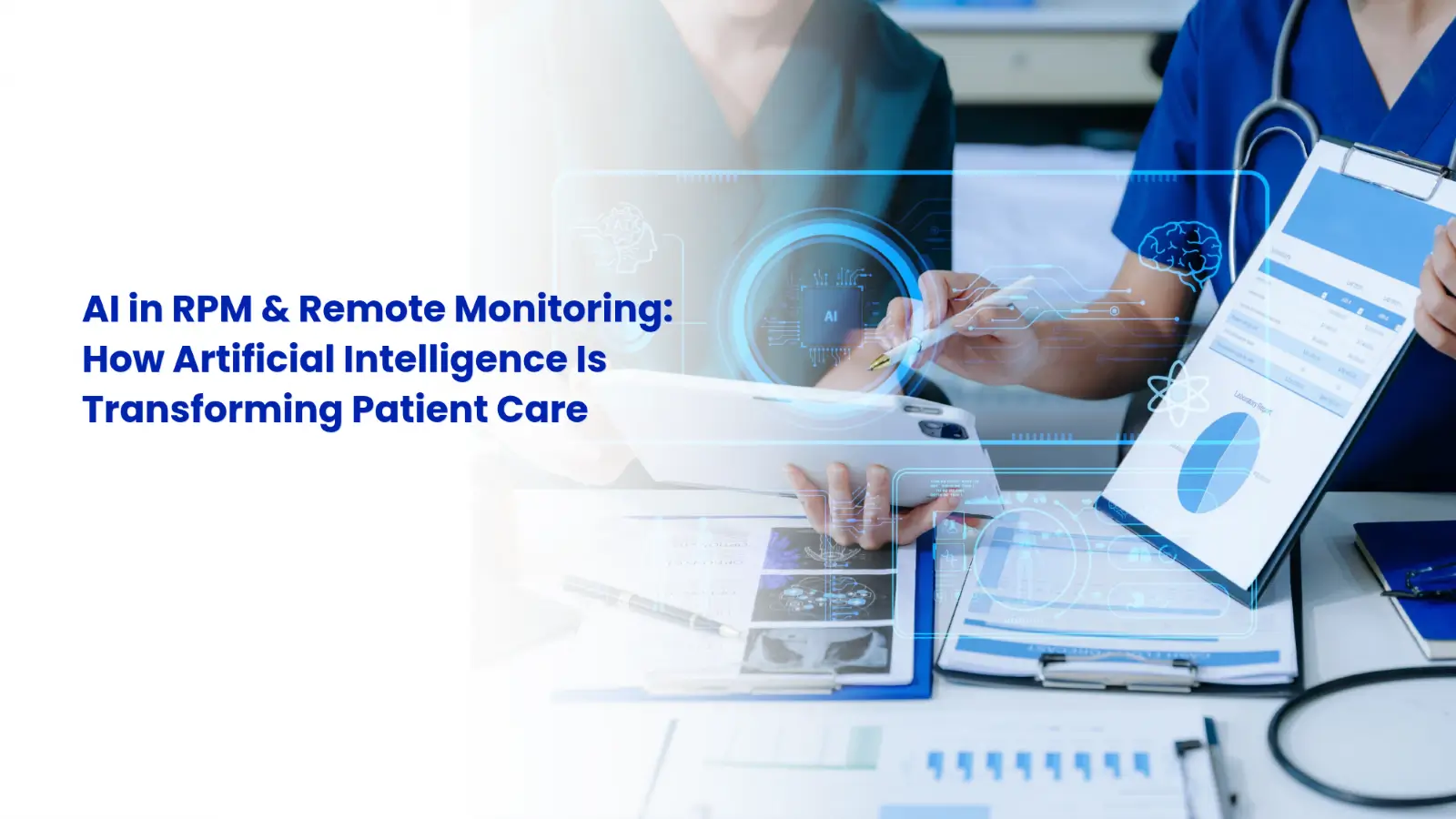 AI-powered remote patient monitoring dashboard analyzing real-time patient health data and blood pressure trends