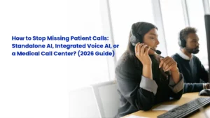 Side-by-side comparison matrix of Standalone Voice AI, Integrated Voice AI, and Medical Call Center solutions for medical practices.