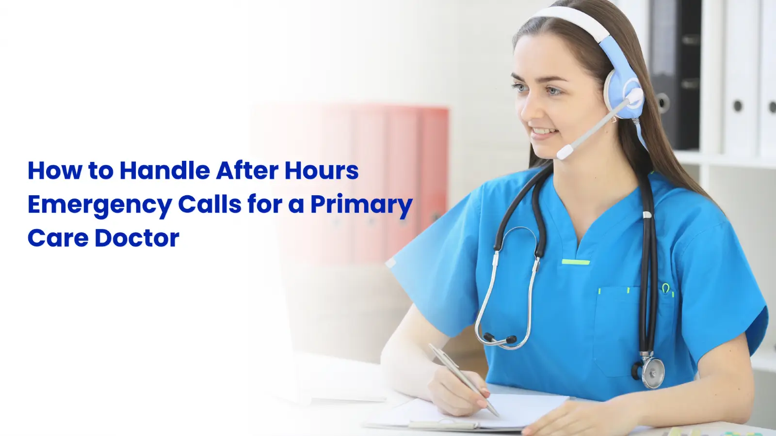 A professional healthcare call center operator handling an after-hours medical emergency call for a primary care practice.
